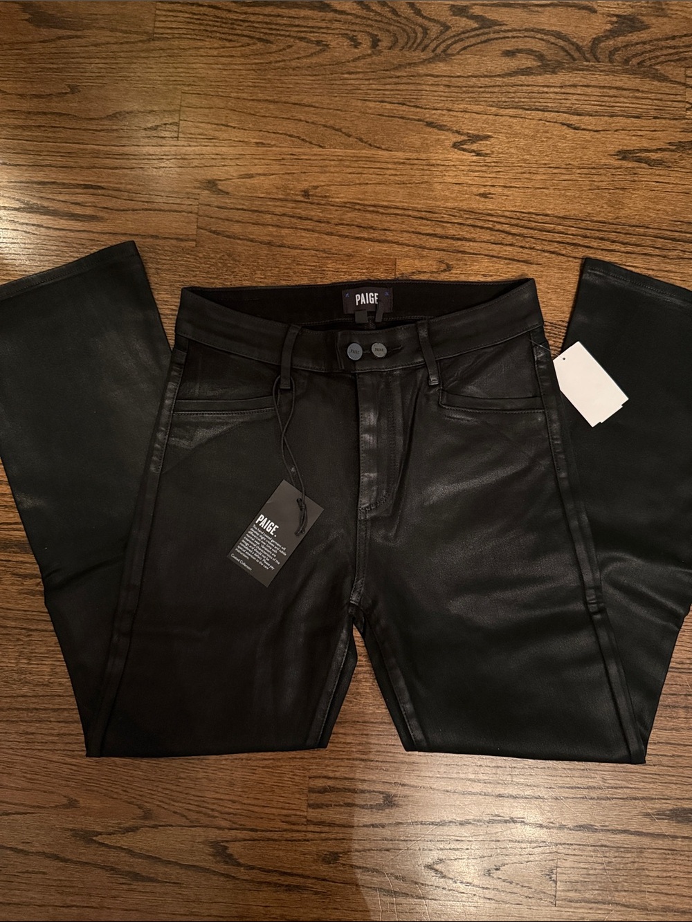 PAIGE Flare Faux-Leather Coated Jeans in Black NWT